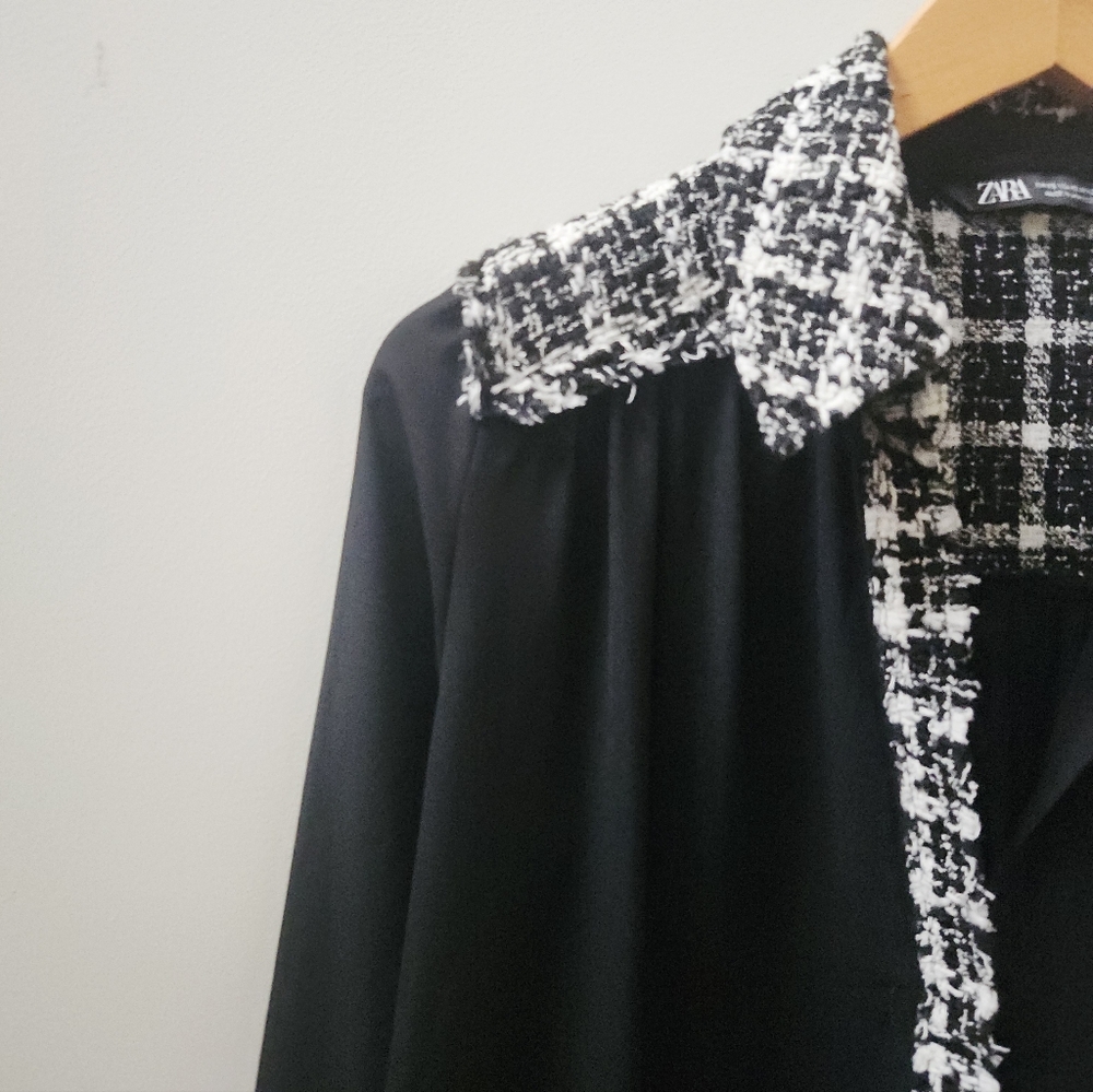 Zara Black Button Up Shirt XS Tweed Trim Sheer Blouse - Picture 6 of 9